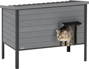 PawHut időjárásálló fa macskaház zsanéros tetővel és levehető padlóval, 85 x 55 x 70 cm – beltéri/kültéri macskabúvóhely 1–2 macskának (max. 12 kg/mac