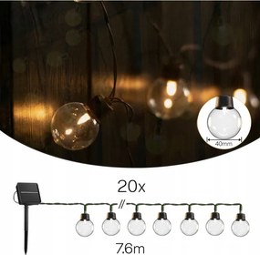 Napelemes LED dekorációs fényfüzér — 20 LED, 8 üzemmód, 500 mAh akkumulátor, 7,6 m hossz, IP67 védelem, meleg fehér