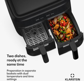 Klarstein VitaFry Duo Skylight, forrólevegős fritőz, 2850 W, 7,6 l, 2 főzőzóna, 6 program
