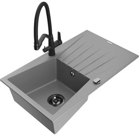 Mexen Cesar gránit egymedencés mosogató csepegtetővel és Duo konyhai csapteleppel, szürke - 6514-71-671701-70-B