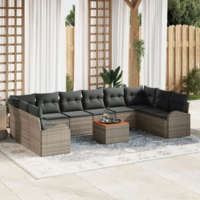 11 Részes Kert Canapé Szett Párnákkal Szürke Poli Rattan Acacia, 2-üléses Kert Canapé Tárolóval és Párnákkal Szürke Poli Rattan