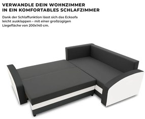 Grande sarokkanapé polcokkal , polc a bal karfaban, jobboldali, szövet anyag, bonell töltet, szürke - fehér