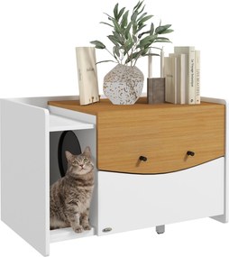 PawHut Macska WC Szekrény Macskaalomhoz, Macskaalom Szekrény Kihúzható Fiókkal, Alomfogó Szőnyeg, Macska Ház Belső Használatra, 78 x 50 x 51 cm, Tölgy