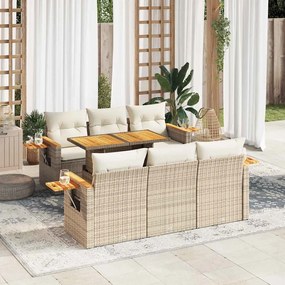 7 részes bézs polyrattan akácfa kerti ülőgarnitúra párnákkal