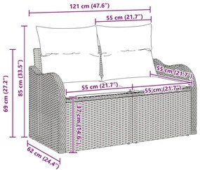 6 részes Kerti Sofa Szett Párnákkal Szürke Poly Rattan Akác, 2-személyes Kerti Sofa Párnákkal Szürke Poly Rattan