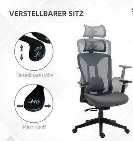 Vinsetto Ergonomikus irodai szék, 135-os dőlésszög, állítható magasság 3D, szürke