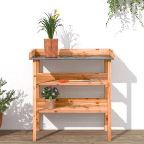 barna tömör fenyőfa növénytartó asztal polcokkal 78x38x82,5 cm