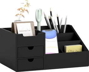 HOMCOM Bambusz Asztali Szervező 2 Fiókkal, 6 Rekesszel és Polccal Irodához és Otthonra 33x20.5x15.5 cm Fekete | Aosom