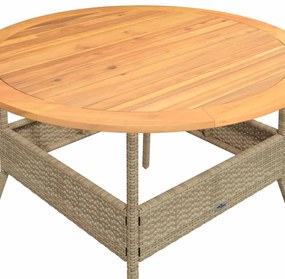 bézs polyrattan kerti asztal akácfa lappal Ø110 x 71 cm