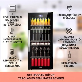 Klarstein Beersafe 7XL, hűtőszekrény, 242 liter, 5 polc, panoráma üvegajtó, rozsdamentes acél