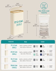 Fedeles mosókosár, 65L, levehető hálós bélés, összecsukható, krémszínű