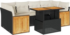 vidaXL 7 részes fekete polyrattan akácfa kerti ülőgarnitúra párnával