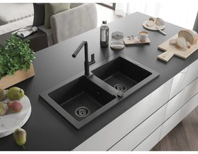 Mexen Mario, 2-kamrás gránit mosogató 820x436x161 mm és Flora mosogató csaptelep, fekete-ezüst metál, 6504-73-670401-70-B