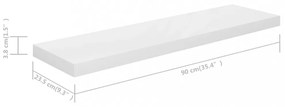 2 db magasfényű fehér MDF lebegő fali polc 90 x 23,5 x 3,8 cm