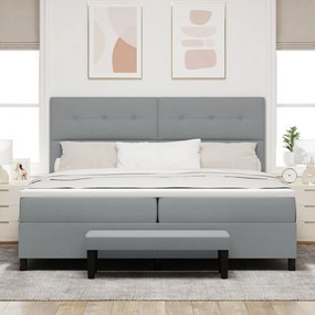 Boxspring ágy matraccal és padal világosszürke 200x200 cm szövet