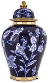 Díszes arany-fehér kék virág-madármintás amfora tároló kerámia váza fedéllel 27x16x16cm