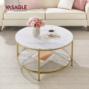 Kerek műmárvány nappali asztal tárolós polccal, modern stílusban, 80 cm átmérő