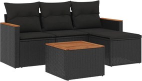 vidaXL 5 részes fekete polyrattan kerti kanapészett párnákkal