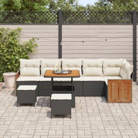 9 darabos kert szófa szett párnákkal fekete poli rattan akác, 3 darabos kert étkező szett párnákkal fekete poli rattan akác