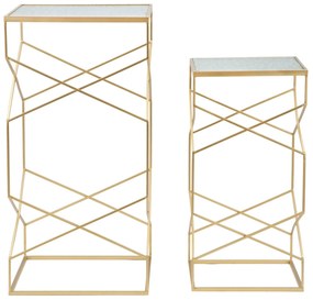 Arany színű négyzetes kisasztal szett geometrikus vázzal és üveglappal – 2 db