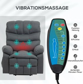 HOMCOM emelőfotel, elektromos dönthető masszázsfunkcióval, kárpitozott fotel, fém, szövet, szürke