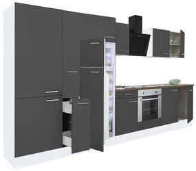 Yorki 360 konyhabútor fehér korpusz,selyemfényű antracit front alsó sütős elemmel polcos szekrénnyel és felülfagyasztós hűtős szekrénnyel