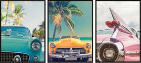 Képek Keretben 53x73cm Triptichon 3 db-os kép szett Miami Autók Tengerpart P573