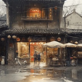 Vászonkép Canvas Tájkép Város Ázsia Kína Utca Bolt Eső 80x80