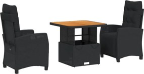 vidaXL 3 részes fekete polyrattan kerti étkezőgarnitúra párnákkal