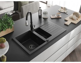 Mexen Matias, 1,5 kamrás gránit mosogató 900x505x200 mm és Savita mosogató csaptelep, fekete-ezüst metál, 6502-73-672601-70-B