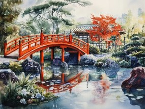 Canvas Vászonkép Japán Kert Híd Tó Akvarell 80x60