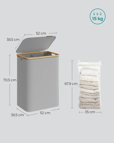 SONGMICS szennyeskosár fedéllel 130L, 2 rekeszes nagyméretű szennyes tartó, szürke