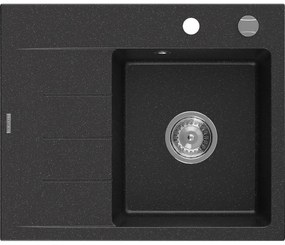 Mexen Ben gránit mosogatómedence 1 rekeszes csepegtetővel, jobb oldali, 600 x 500 mm, fekete/ezüst metál, króm szifon