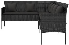 L-alakú fekete polyrattan kerti kanapé párnákkal