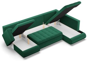 Tokio U sarokkanapé, 3 ágyneműtartóval, bársony, jobboldali, zöld