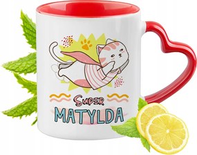 Piros bögre szív alakú füllel Matildának Ajándék