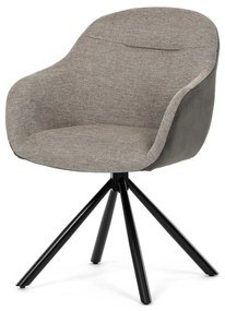 Scaun de sufragerie pivotant, țesătură bej și țesătură gri închis, cu decor vintage din piele, metal negru, rotativ P90°+ L90° cu mecanism de retragere