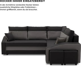 Grande sarokkanapé polcokkal és puffokkal , polc a bal karfaban puffok a jobb karfaban, jobboldali, szövet anyag, bonell töltet, fekete - szürke