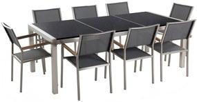 Nyolcszemélyes fekete osztott asztallapú étkezőasztal szürke textilén székekkel GROSSETO Beliani