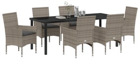 7 Részes Kerti Étkezőszett Párnákkal Szürke Poli Rattan, Kerti Asztal Fekete 200x80x73 cm Edzett Üveg