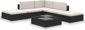 6-részes fekete polyrattan kerti bútorszett párnákkal