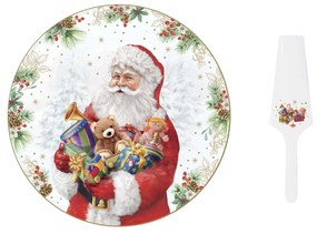 Karácsonyi Télapós porcelán süteményes kínáló tál torta lapáttal Santa is coming