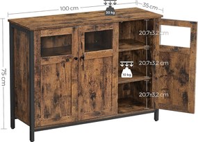 Tálalószekrény, tárolószekrény üvegajtókkal, rusztikus barna