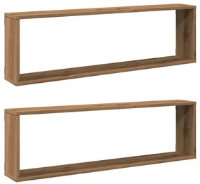 2 db kézműves tölgyszínű szerelt fa fali kockapolc 100x15x30 cm