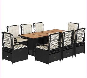 vidaXL 9 részes fekete polyrattan kerti étkezőgarnitúra párnákkal