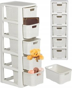 Fürdőszobai Polc Komód Állvány Oszlop Szekrény 5 Kosárral Rattan Fehér Branq