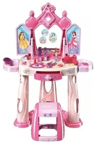 Sminkasztal lányoknak, szék és tükör, különböző kiegészítők, fények, zene, hercegnős matricák, fiók, rózsaszínű