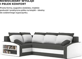 Grande sarokkanapé polcokkal , polc a bal karfaban, baloldali, szövet anyag, bonell töltet, szürke - fehér