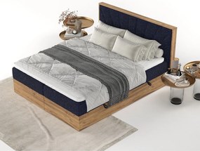 Sötétkék-natúr színű ágyneműtartós boxspring ágy 160x200 cm Asahi – Maison de Rêve