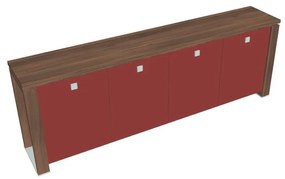 Verno+ S alacsony szekrény 260 x 46 x 90 cm, üvegajtó, dió / piros